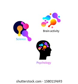 Psychology logo, set of brain activity icons, vector science sign, mental health, human profile with shapes
