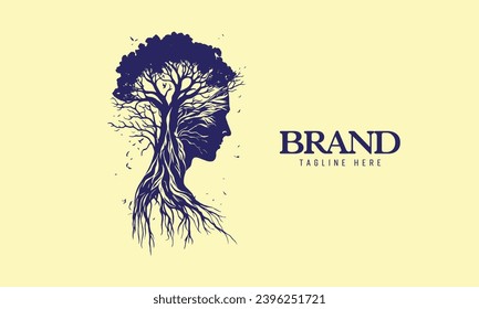 Logo de psicología con árbol y cabeza humana adecuado para servicios de salud mental