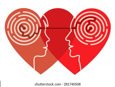 Psychology of love.
Two male head silhouettes in the heart shape with maze symbolizing psychological processes of understanding. Vector illustration.
