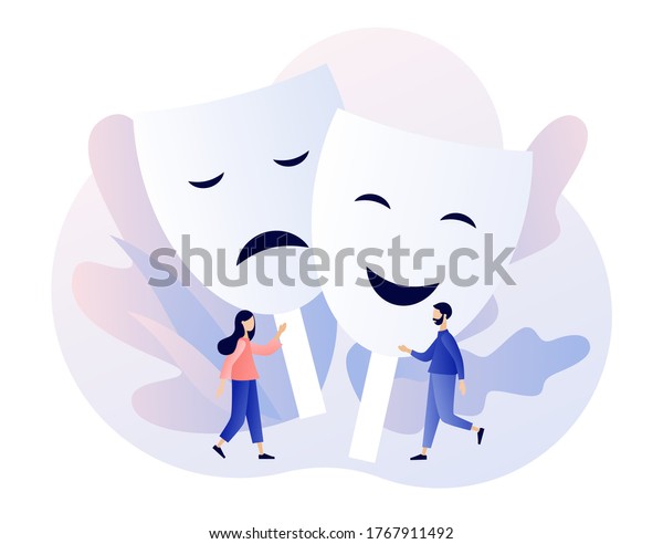 Psychology. Masking true feelings. Human\
masquerade. Tiny people with big carnival masks with happy or sad\
expressions. Hypocrisy. Modern flat cartoon style. Vector\
illustration on white\
background