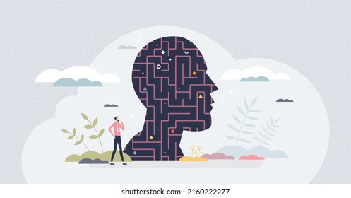 Psychology maze and brain puzzle as find problem solution tiny person concept. Intelligent human head with complex brains vector illustration. Memory mechanism and mental psychiatry therapy challenge.