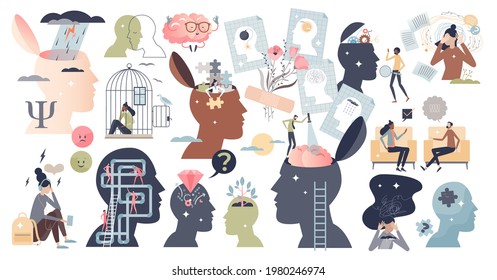 Psychology as medical mental health problems in tiny person collection set. Elements with psychotherapy, anxiety and mood change vector illustration. Isolated emotion and confusion feeling care items.