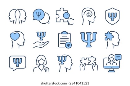 Psychology and mental health blue editable stroke outline icons set isolated on white background flat vector illustration. Pixel perfect. 64 x 64.