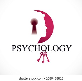 Psychology And Mental Health Concept, Created With Woman Head Profile And Keyhole, Psychoanalysis As A Key To Human Nature, Individuality And Psychic Problems. Vector Logo Or Icon Design.