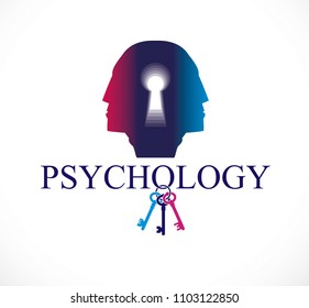 Psychology and mental health concept, created with double man head profile and keyhole, psychoanalysis as a key to human nature, individuality and archetype shadow. Vector logo or icon design.