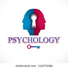 Psychology and mental health concept, created with double man head profile and keyhole, psychoanalysis as a key to human nature, individuality and archetype shadow. Vector logo or icon design.