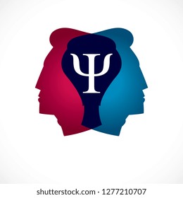 Psychology and mental health concept, created with double man head profile as an archetype and shadow, psychoanalysis, individuality and psychical problems. Vector logo or icon design.