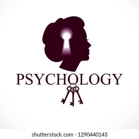 Psychology and mental health concept, created with woman head profile and keyhole, psychoanalysis as a key to human nature, individuality and psychic problems. Vector logo or icon design.