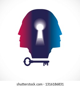 Psychology and mental health concept, created with double man head profile and keyhole, psychoanalysis as a key to human nature, individuality and archetype shadow. Vector logo or icon design.