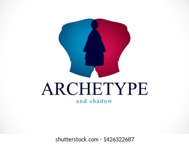 Psychology and mental health concept, created with double man head profile as an archetype and shadow, psychoanalysis, individuality and psychical problems. Vector logo or icon design.