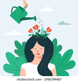 Psychology, mental health concept. Flowers and plants grow from woman’s head. Human hand watering them. Vector illustration 