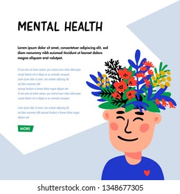 Psychology. Mental health concept. Man character with flower head. Mental health concept, good mood, harmony . Doodle style flat vector illustration