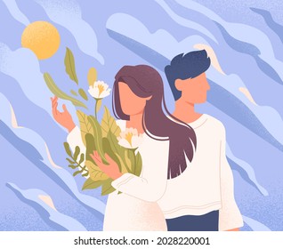 Psychology and mental health concept. Self-care, soul recovery, inner world cultivation. Development of loving yourself, overcoming personal problems. Colored flat cartoon textured vector illustration