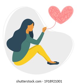 Psychology and mental health concept vector illustration. Sitting woman with psychological problems and a tangled thread from heart. 