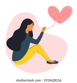 Psychology mental health concept vector illustration. Woman with mental problems and tangled thread in a heart. 