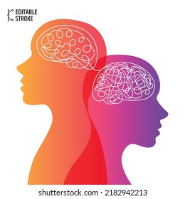 Psicología, salud mental y concepto de doble personalidad. Pensamiento simple y complejo. Dibujo de trazo editable. El espesor de la línea se puede cambiar.