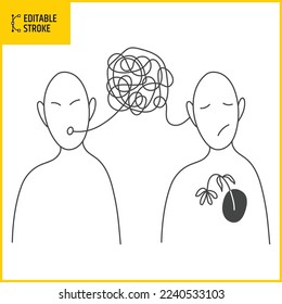 Psychology, mental health and dual personality concept. Simple and complex thinking. Editable stroke drawing. Line thickness can be changed.