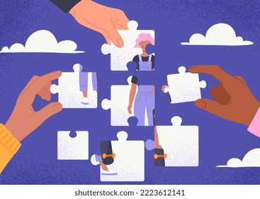 Psychology and mental health. Hands assemble abstract silhouette from puzzles. Creativity and art. Teamwork, friends help and support. Poster or banner for website. Cartoon flat vector illustration