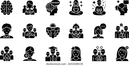 Psychology and mental health icon set. Vector glyph pictograms of brain, discussion, meditation, therapy, support group, therapy, mindfulness, emotional well-being black silhouette illustration