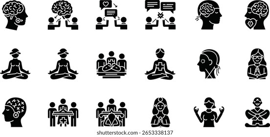 Psychology and mental health icon set. Vector glyph pictograms of brain, discussion, meditation, therapy, support group, therapy, mindfulness, emotional well-being black silhouette illustration