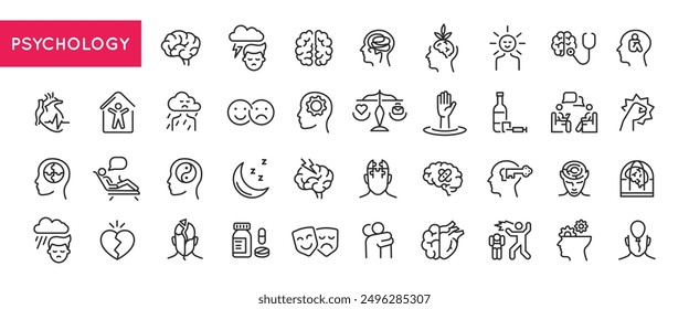 Iconos de la psicología y la salud mental. Grande conjunto de iconos mínimos de moda de la psicología y la salud mental. Cerebro, icono de emociones. Signos de diseño para la página de Web, App móvil, diseño de embalaje. Ilustración vectorial