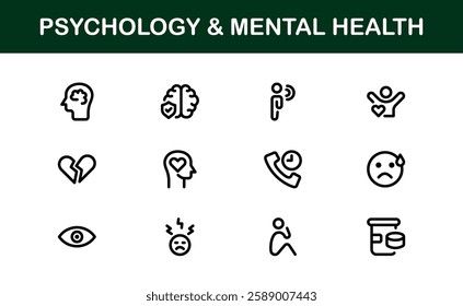 Psychology and Mental Health Icons Set. Essential Icons for Therapy, Counseling, and Mental Wellness
