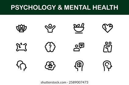 Psychology and Mental Health Icons Set. Essential Icons for Therapy, Counseling, and Mental Wellness