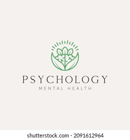 psychology mental health line art logo design. brain with nature symbol line art logo template vector illustration design