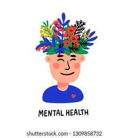 Psychology. Mental Health. Man Character With Flower Head. Mental Health Concept, Good Mood, Harmony . Doodle Style Flat Vector Illustration