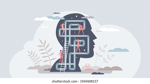 Psychology mental health study or brain problem therapy, tiny people concept. Emotional mind treatment or solve complexity feeling vector illustration. Patient depression and confusion trouble research