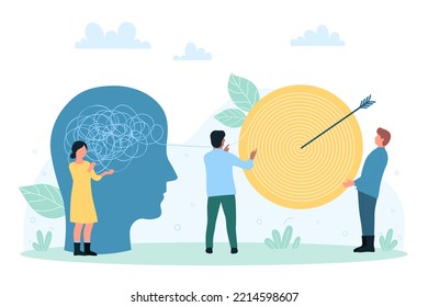 Psychology, mental health, therapy for mind disorder vector illustration. Cartoon tiny people unravel messy confusion of tangled problems in human head, diagnosis, help and treatment of thoughts chaos