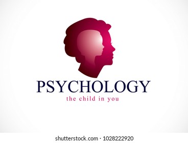 Psychology, mental health vector design, created with woman head profile and little child girl inside, inner child concept, origin of human individuality and psychic problems. Therapy and analysis.