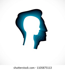 Psychology, mental health vector design, created with man head profile and little child boy inside, inner child concept, origin of human individuality and psychic problems. Therapy and analysis.