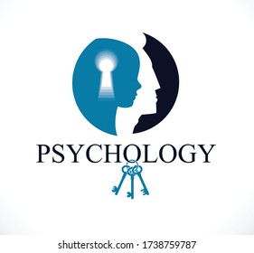 Psychology, mental health vector design, created with man head profile and little child boy inside with keyhole, inner child as a key to human individuality and psychic problems concept.