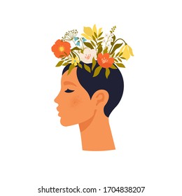 Psychology. Mental Health. Woman Character With Flower Head. Mental Health Concept, Good Mood, Harmony Flat Vector Illustration