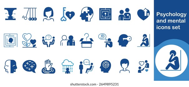 Psychology and mental icon set, icons, psychiatrist, cognitive, management, science, interaction, self, well, care, symbol, problem, collection, feelings, anxiety, medical, mood and more