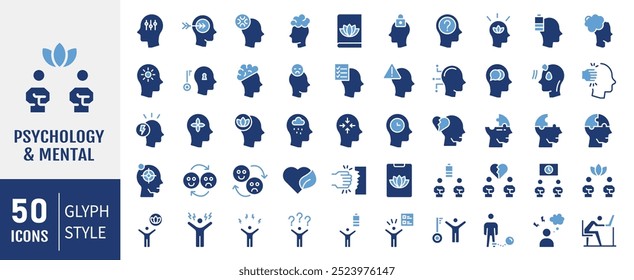 Psicología y colección de iconos mentales. Contiene salud mental, ansiedad, psicología, icono de psicoterapia. Ilustración vectorial plana simple