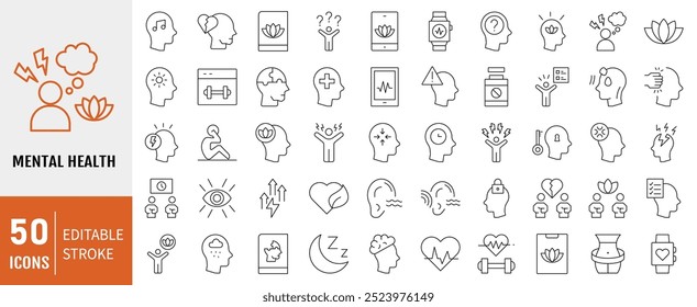 Psychology and mental icons collection. Containing mental health, anxiety, psychology, psychotherapy icon. Simple line vector illustration