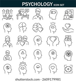 Psychology and mental icons set. Containing depression, anxiety, stress, mental care, empathy, loneliness,  psychology symbol,  mind disorder and more. Editable stroke. Vector illustration. EPS 10.