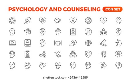 In: Psychology and Mental Line Icons Collection. Großes UI-Symbol in einem flachen Design gesetzt. Thin Outline Icons Pack.Set von positivem Denken Icon.be geliebt, gesunder Lebensstil, Glück, positive Einstellung.