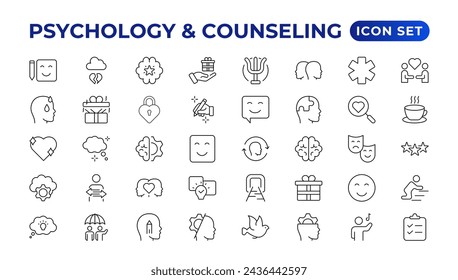 Psychology and mental line icons collection. Big UI icon set in a flat design. Thin outline icons pack.Set of positive thinking icon.be loved, healthy lifestyle, happiness, positive mindset.