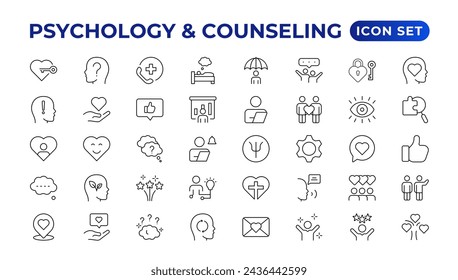 Colección de iconos de psicología y línea mental. Icono de interfaz de usuario grande en un diseño plano. Paquete de iconos de contorno delgado. Conjunto de icono de pensamiento positivo. Sea amado, estilo de vida saludable, felicidad, mentalidad positiva.