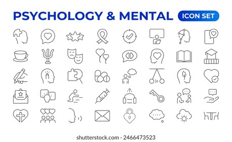 Psicología y colección de iconos de línea mental. Icono de interfaz de usuario grande en un diseño plano. Paquete de iconos de contorno fino. Ilustración vectorial