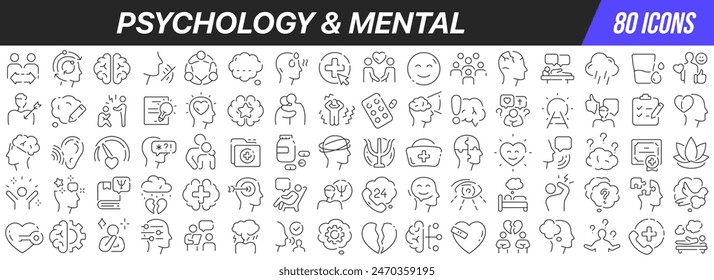 Psicología y colección de iconos de línea mental. Icono de interfaz de usuario grande en un diseño plano. Paquete de iconos de contorno fino. Ilustración vectorial EPS10