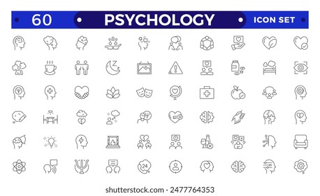 Psychology and mental line icons collection. Big UI icon set in a flat design.Set of positive thinking icon. Containing self-care, optimism, be loved, healthy lifestyle, happiness Outline icon set.
