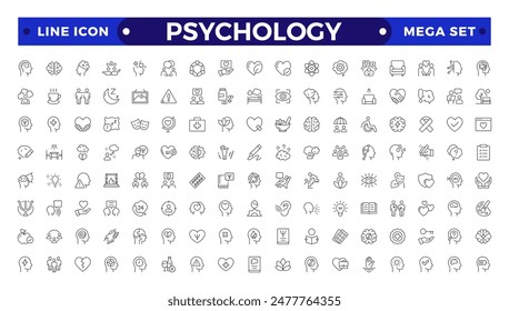 Psychology and mental line icons collection. Big UI icon set in a flat design.Set of positive thinking icon. Containing self-care, optimism, be loved, healthy lifestyle, happiness Outline icon set.
