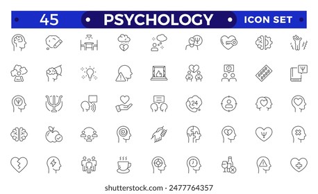 Psychology and mental line icons collection. Big UI icon set in a flat design.Set of positive thinking icon. Containing self-care, optimism, be loved, healthy lifestyle, happiness Outline icon set.
