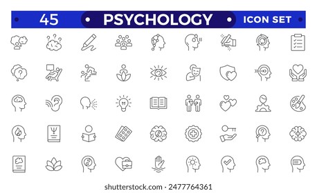 Psychology and mental line icons collection. Big UI icon set in a flat design.Set of positive thinking icon. Containing self-care, optimism, be loved, healthy lifestyle, happiness Outline icon set.
