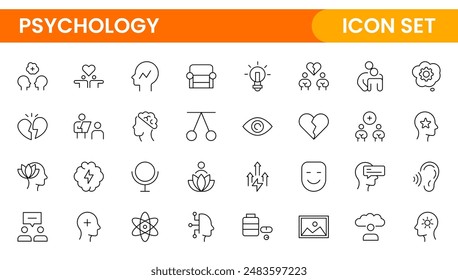 Psicología y colección de iconos de línea mental. Icono de interfaz de usuario grande en un diseño plano. Paquete de iconos de contorno delgado. Conjunto de icono de pensamiento positivo. Sea amado, estilo de vida saludable, felicidad, mentalidad positiva.