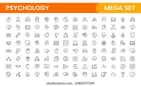 Psychology and mental line icons collection. Big UI icon set in a flat design. Thin outline icons pack.Set of positive thinking icon.be loved, healthy lifestyle, happiness, positive mindset.